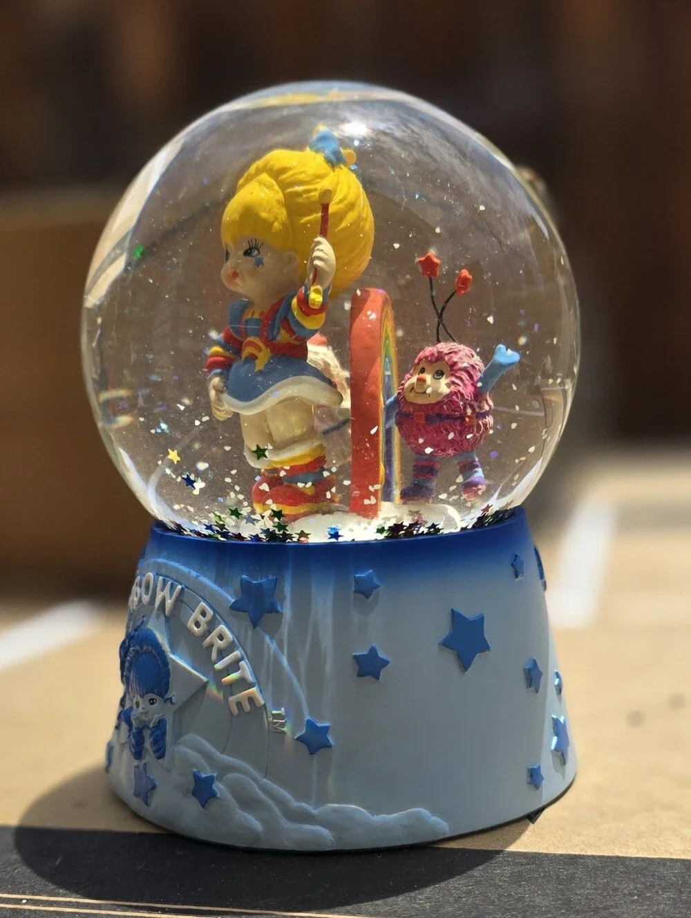 Vintage RARE Rainbow Bright Blue Snow Globe with Colorful Figurines